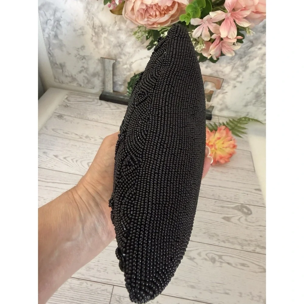 Hato Hasi Black Beaded Vintage Japan Satin Lined Clutch Evening Formal Purse EUC
